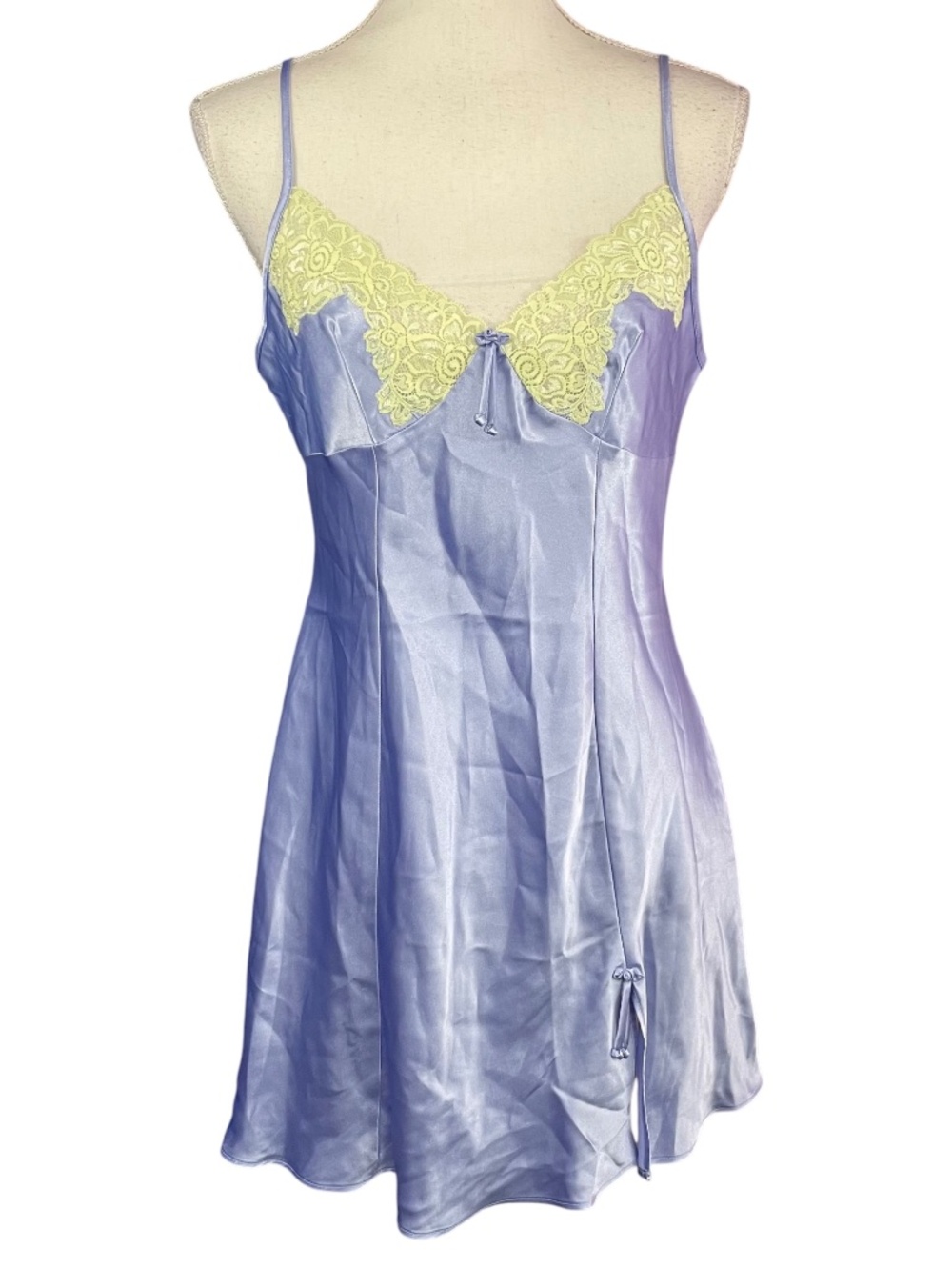 Lace Satin Chemise Slip Dress M Ice Blue Lime Green Ribbon Rosette Bow Slit